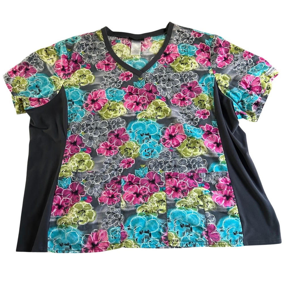 Cherokee Scrub Top Womens Size 3XL Gray Floral Short Sleeve Work‎ Shirt Scrubs